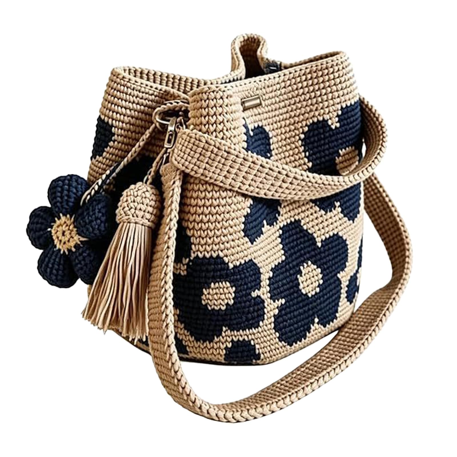 Handmade Crochet Flower Tote Bag for Women, Boho Floral Woven Crossbody Purse, Knit Beach Summer Shoulder Bag for Daily Use