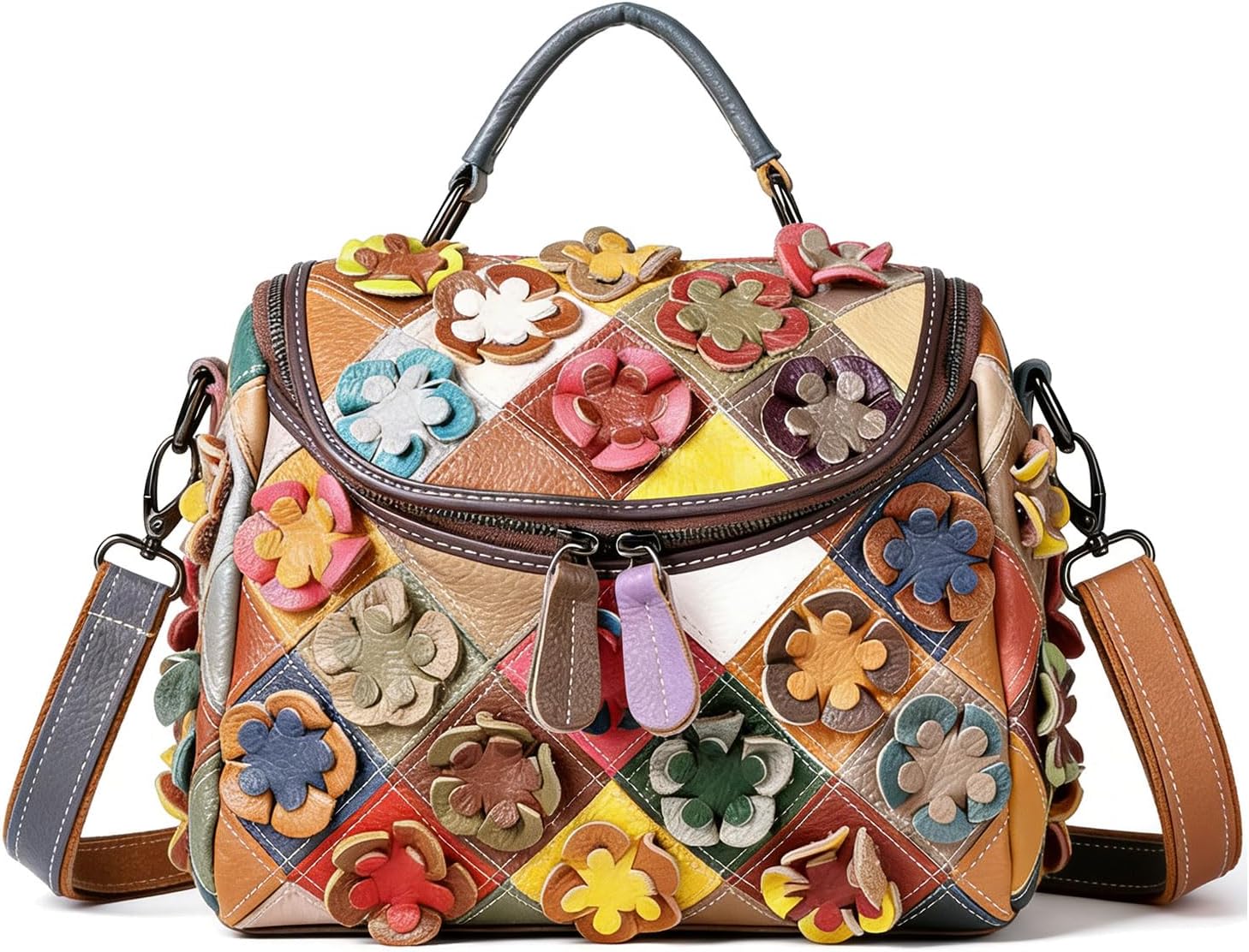 Bohemian Floral Patchwork Crossbody Bag for Women – Medium Size Vintage Genuine Leather Shoulder Bag, Multi-Pocket Organizer Handbag with Top Handle - Random Color