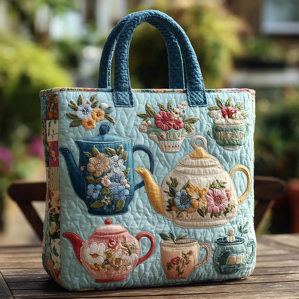 Vintage Tea Pot Floral Quilted Tote Bag, Embroidery Shoulder Handbag, Floral Appliqué Cotton Tote