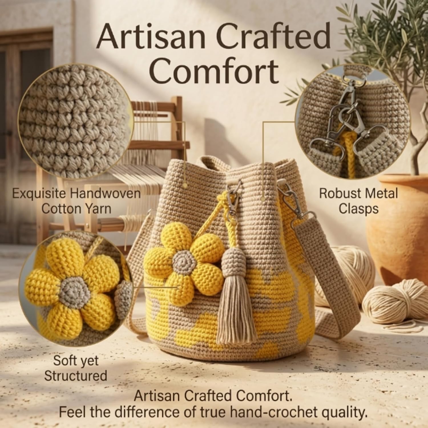 Handmade Crochet Flower Tote Bag for Women, Boho Floral Woven Crossbody Purse, Knit Beach Summer Shoulder Bag for Daily Use