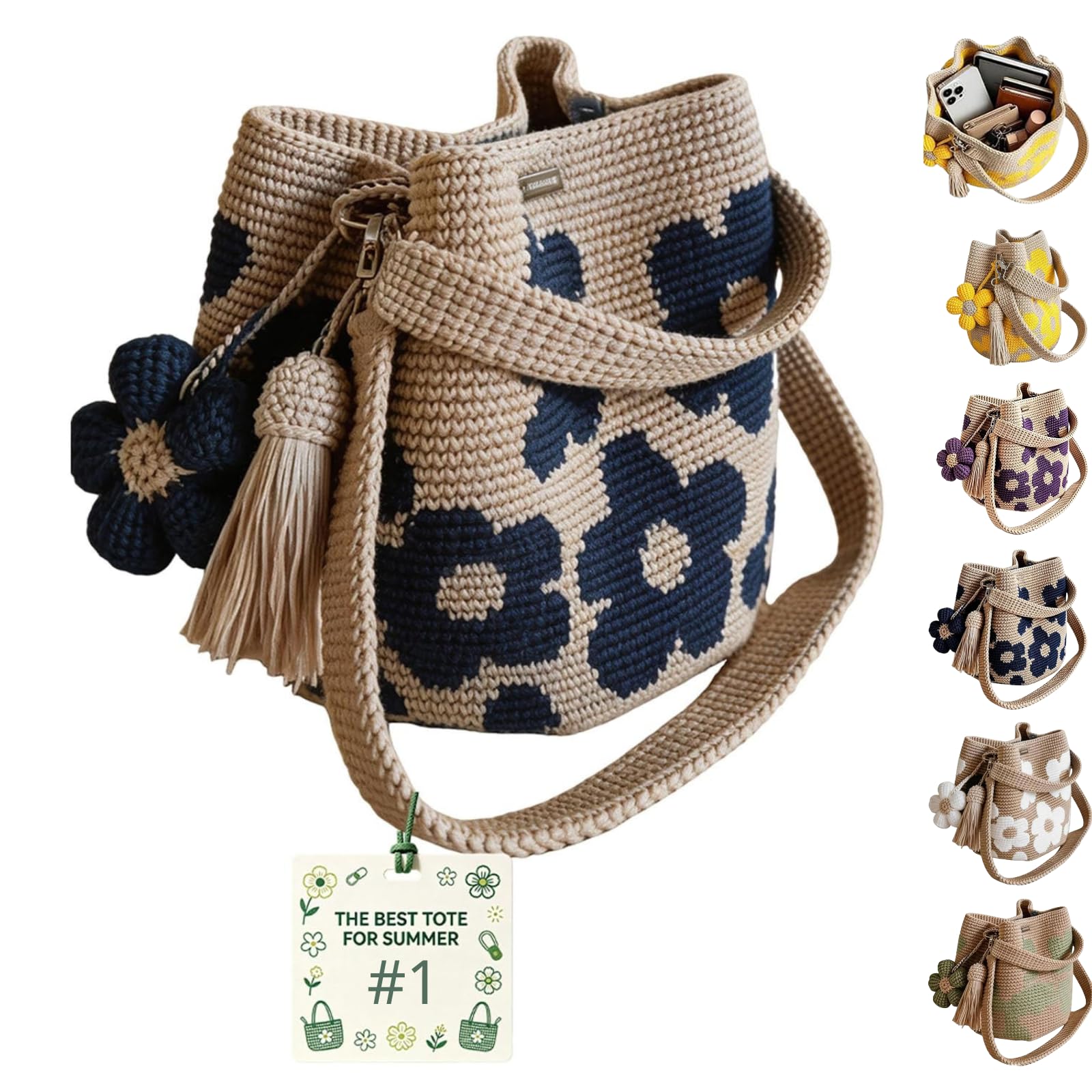 Handmade Crochet Flower Tote Bag, Knit Floral Purse, Boho Beach Handbag Crossbody Shoulder Bag Women, Flowers Tassel