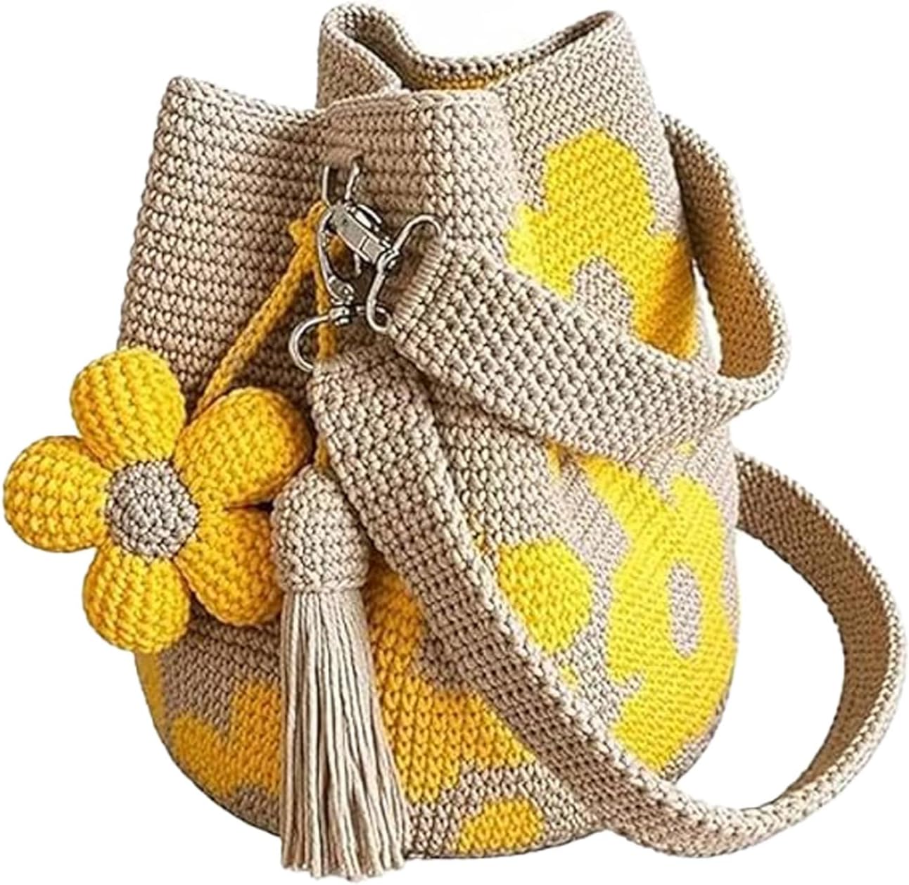 Handmade Crochet Flower Tote Bag for Women, Boho Floral Woven Crossbody Purse, Knit Beach Summer Shoulder Bag for Daily Use