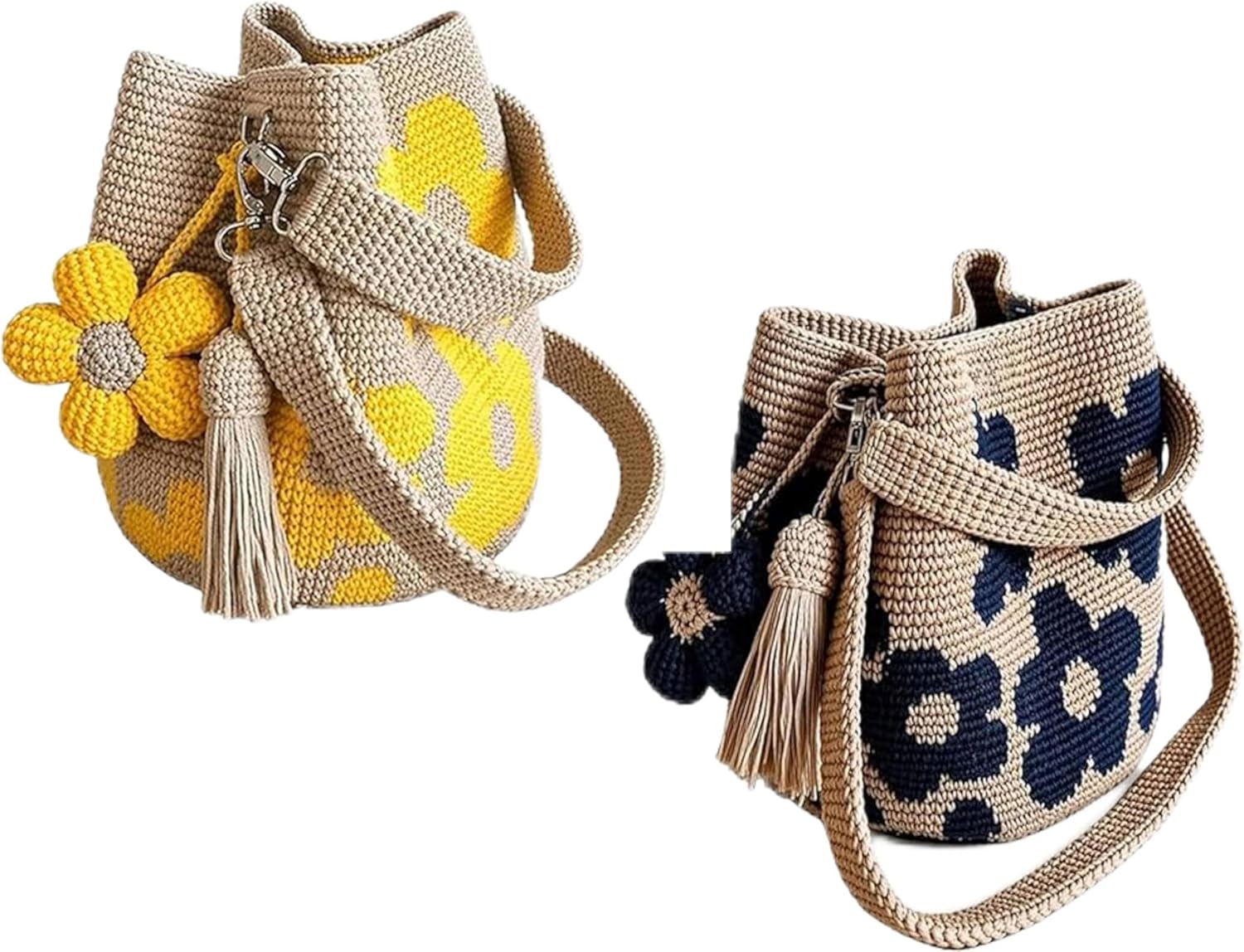 Handmade Crochet Flower Tote, Knit Floral Purse Bag Boho Beach Handbags Crossbody Shoulder Bag for Women