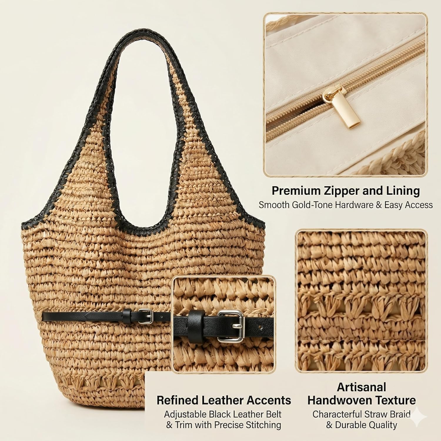 YXILEE Straw Bags For Women M Travel Straw Totes Bag Woven Summer Handmade Shoulder Bag Handbag (Black)
