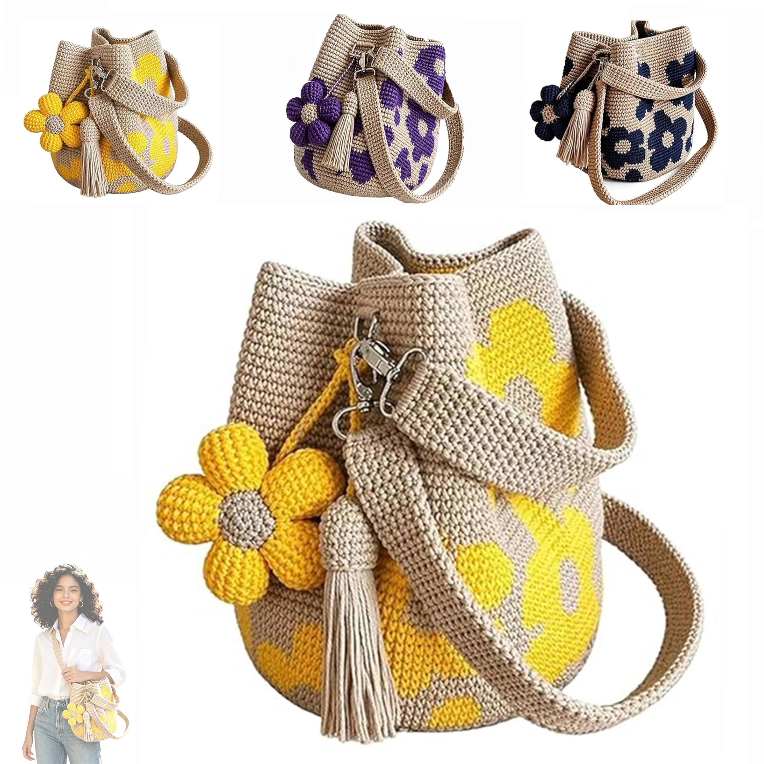 Handmade Crochet Flower Tote, Knit Floral Purse Bag Boho Beach Handbags Crossbody Shoulder Bag for Women