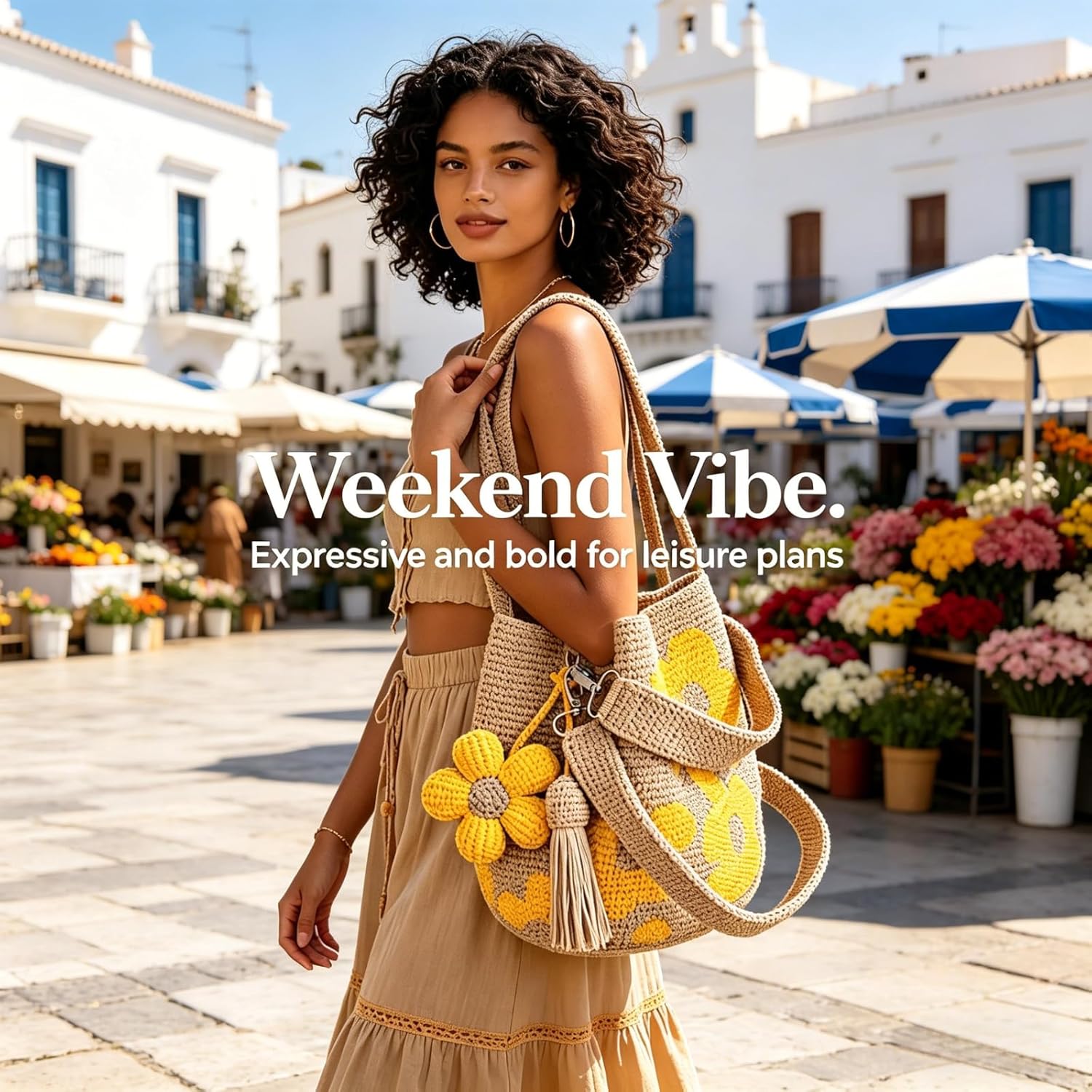 Handmade Crochet Flower Tote Bag, Knit Floral Purse, Boho Beach Handbag Crossbody Shoulder Bag Women, Flowers Tassel