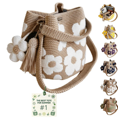 Handmade Crochet Flower Tote Bag, Knit Floral Purse, Boho Beach Handbag Crossbody Shoulder Bag Women, Flowers Tassel