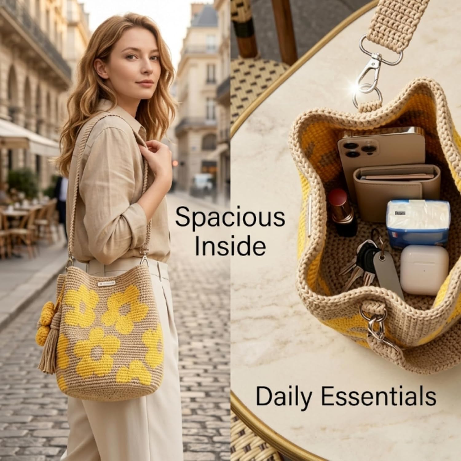 Handmade Crochet Flower Tote Bag for Women, Boho Floral Woven Crossbody Purse, Knit Beach Summer Shoulder Bag for Daily Use