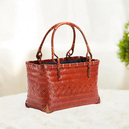 Women Tote Bag - Handcrafted Bamboo Woven Pouch Basket for Camping, Party, Hiking, Spring - Style C: 24x12x15cm (9.5x4.7x5.9 inch)