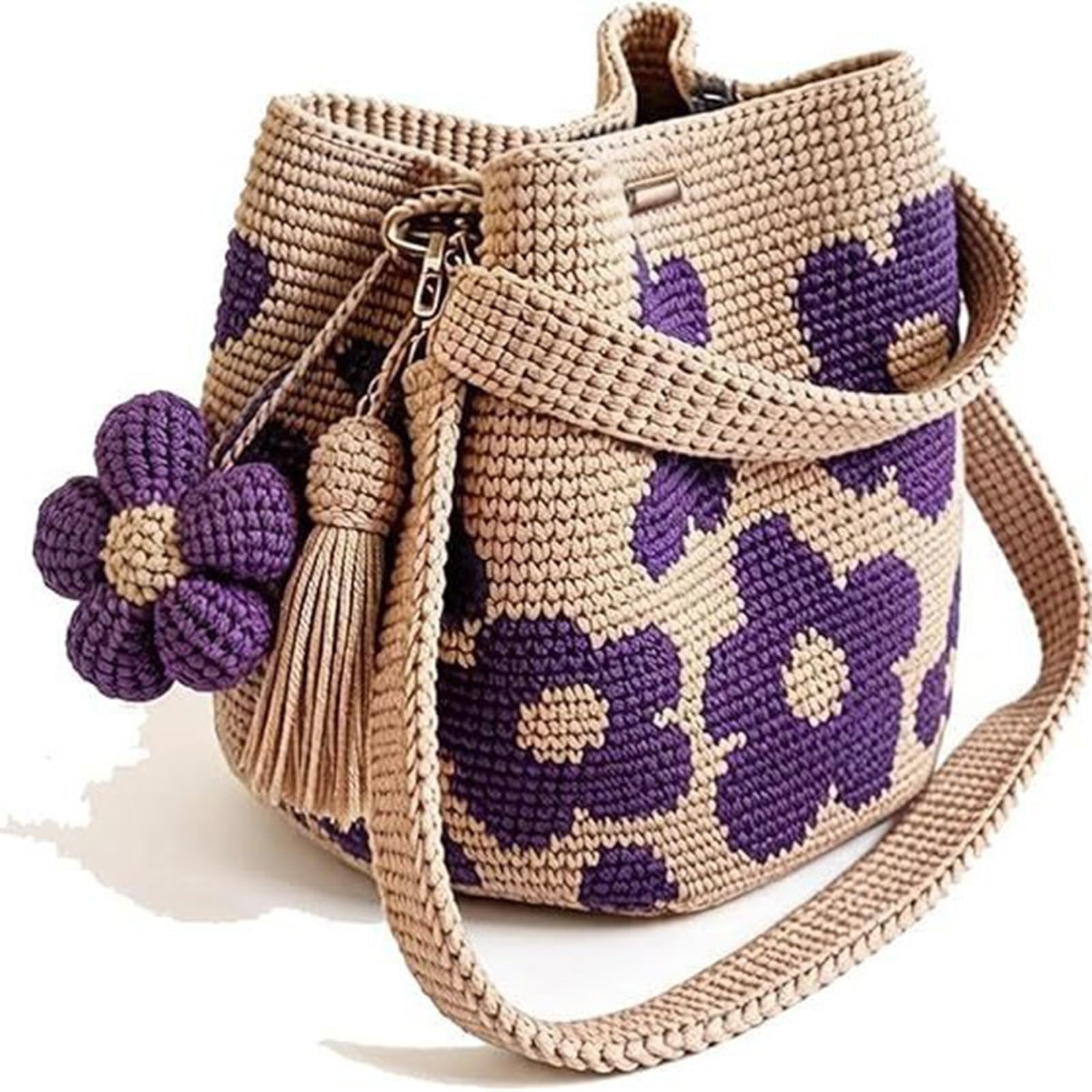 Handmade Crochet Flower Tote Bag for Women, Boho Floral Woven Crossbody Purse, Knit Beach Summer Shoulder Bag for Daily Use