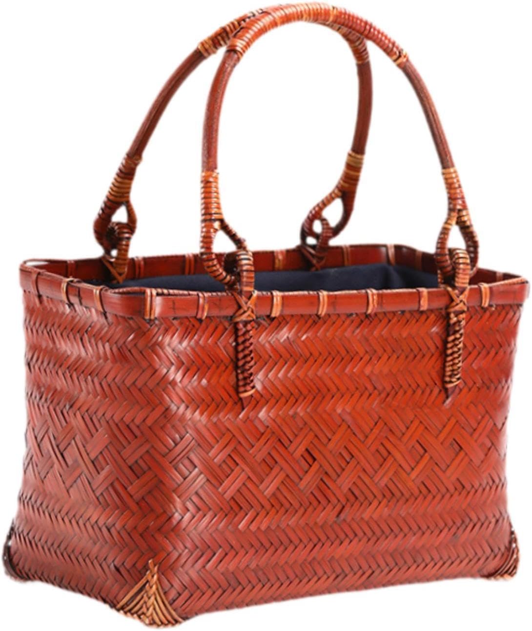 Women Tote Bag - Handcrafted Bamboo Woven Pouch Basket for Camping, Party, Hiking, Spring - Style C: 24x12x15cm (9.5x4.7x5.9 inch)