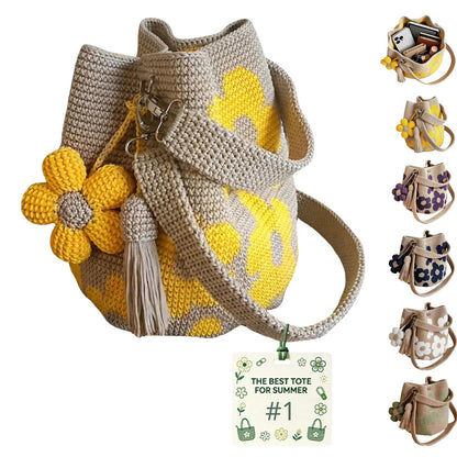 Handmade Crochet Flower Tote Bag, Knit Floral Purse, Boho Beach Handbag Crossbody Shoulder Bag Women, Flowers Tassel