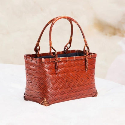 Women Tote Bag - Handcrafted Bamboo Woven Pouch Basket for Camping, Party, Hiking, Spring - Style C: 24x12x15cm (9.5x4.7x5.9 inch)