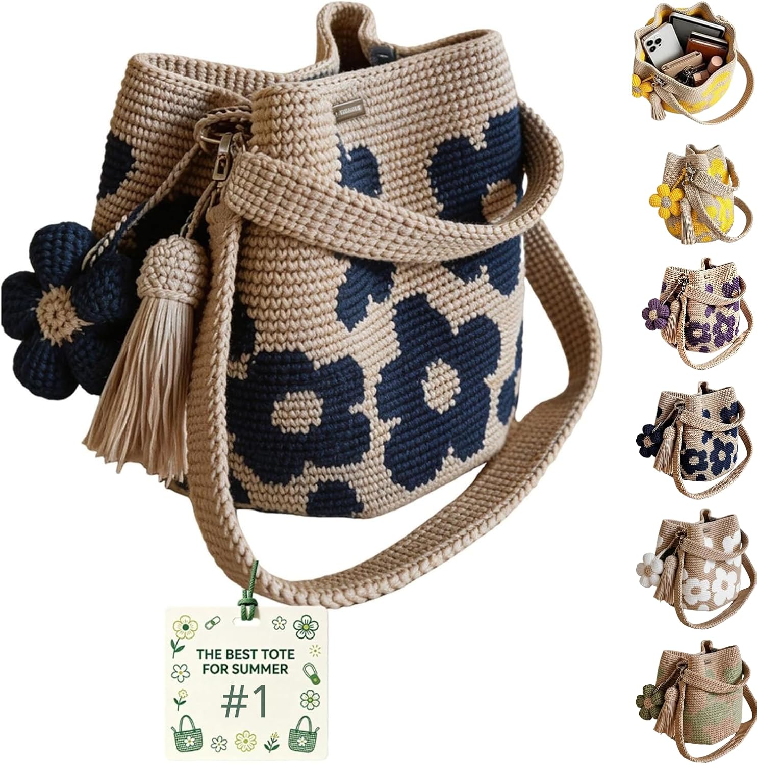Handmade Crochet Flower Tote Bag, Knit Floral Purse, Boho Beach Handbag Crossbody Shoulder Bag Women, Flowers Tassel