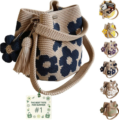 Handmade Crochet Flower Tote Bag, Knit Floral Purse, Boho Beach Handbag Crossbody Shoulder Bag Women, Flowers Tassel