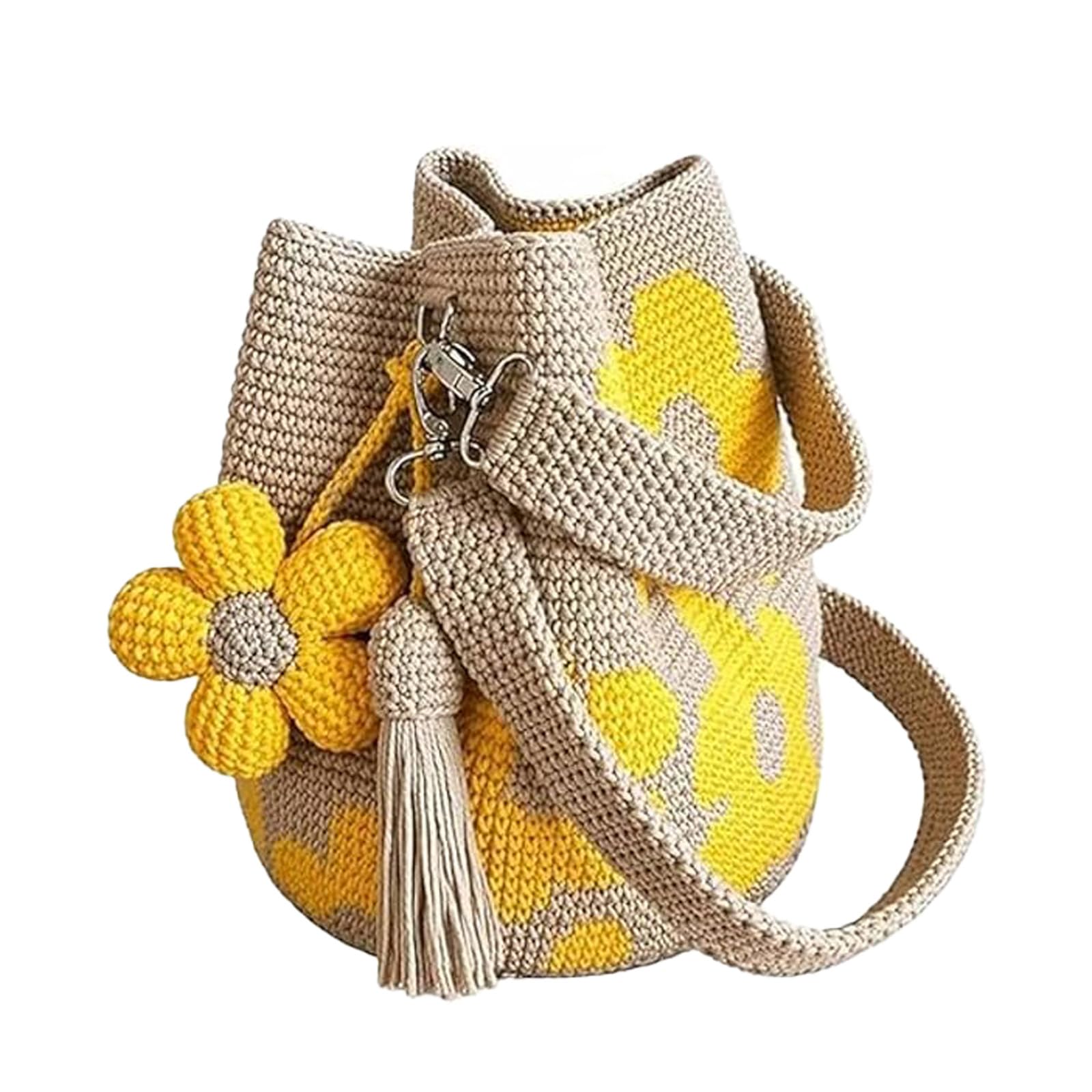 Handmade Crochet Flower Tote Bag for Women, Boho Floral Woven Crossbody Purse, Knit Beach Summer Shoulder Bag for Daily Use
