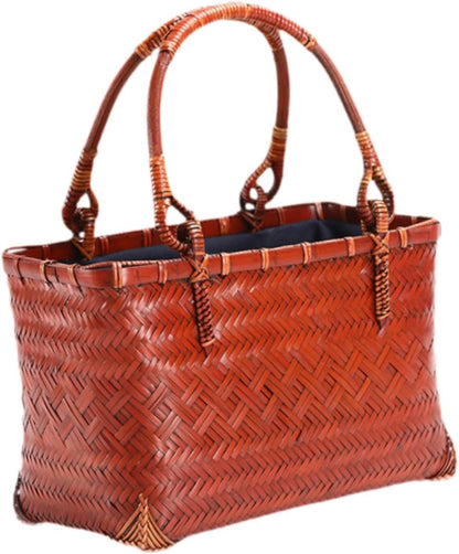 Women Tote Bag - Handcrafted Bamboo Woven Pouch Basket for Camping, Party, Hiking, Spring - Style C: 24x12x15cm (9.5x4.7x5.9 inch)