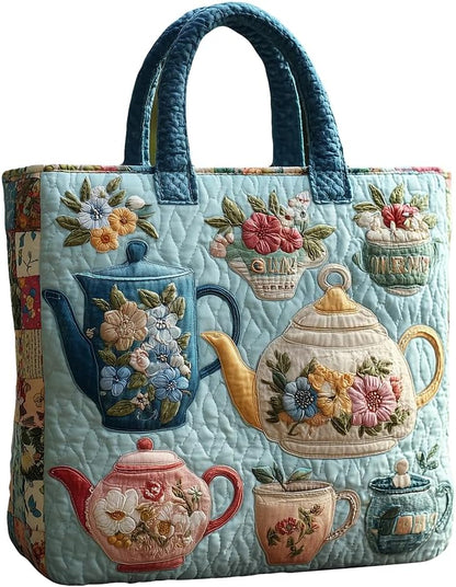 Vintage Tea Pot Floral Quilted Tote Bag, Embroidery Shoulder Handbag, Floral Appliqué Cotton Tote