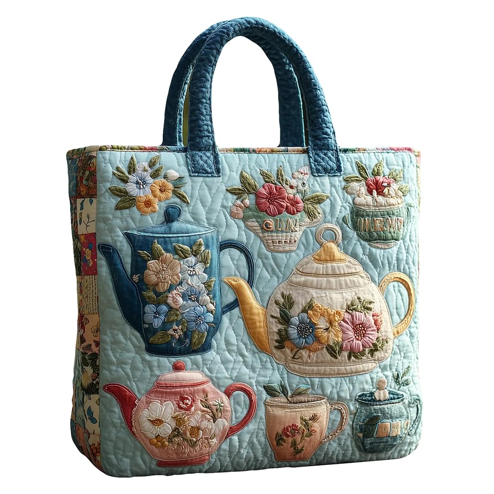Vintage Tea Pot Floral Quilted Tote Bag, Embroidery Shoulder Handbag, Floral Appliqué Cotton Tote