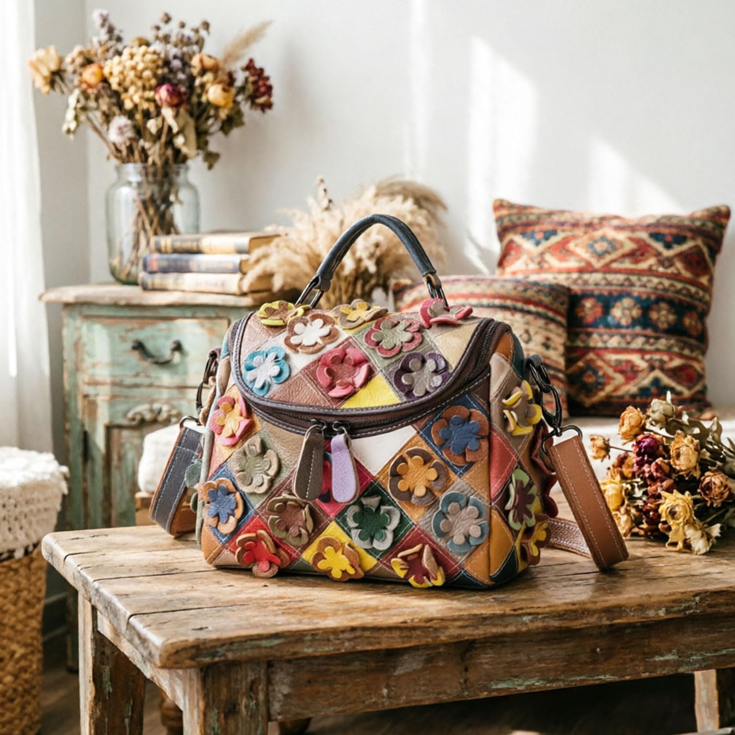 Bohemian Floral Patchwork Crossbody Bag for Women – Medium Size Vintage Genuine Leather Shoulder Bag, Multi-Pocket Organizer Handbag with Top Handle - Random Color