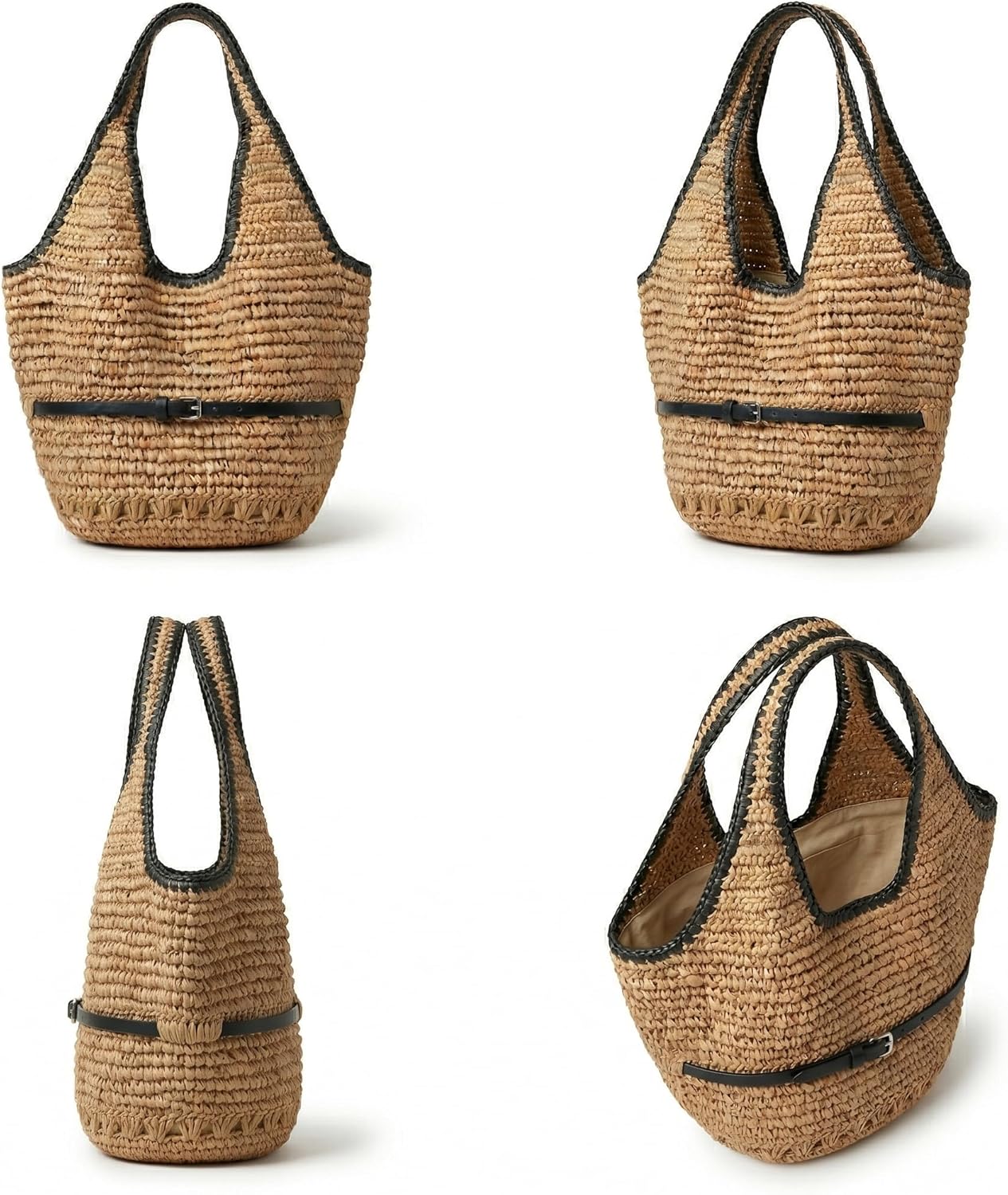 YXILEE Straw Bags For Women M Travel Straw Totes Bag Woven Summer Handmade Shoulder Bag Handbag (Black)