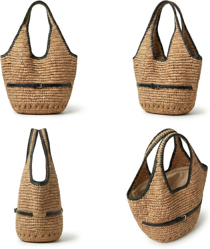 YXILEE Straw Bags For Women M Travel Straw Totes Bag Woven Summer Handmade Shoulder Bag Handbag (Black)