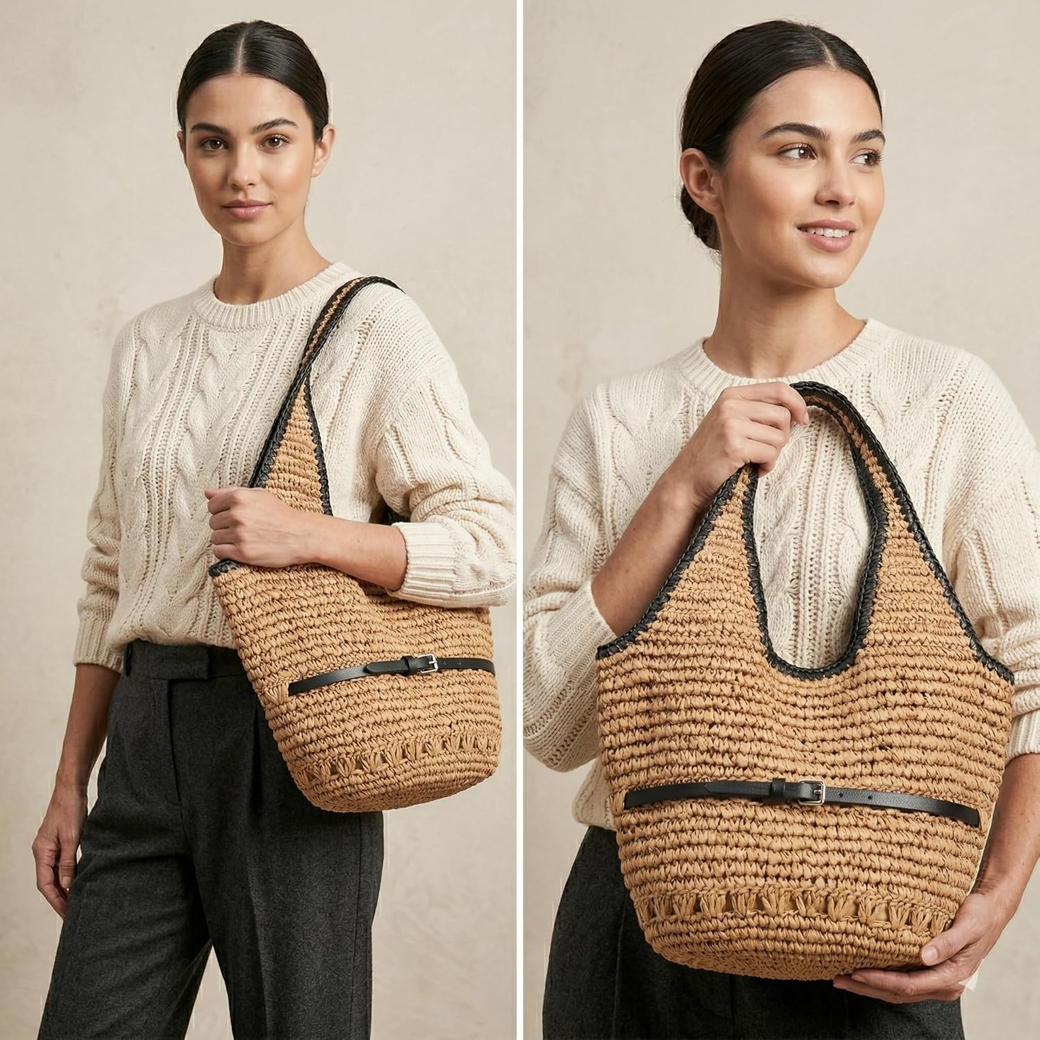 YXILEE Straw Bags For Women M Travel Straw Totes Bag Woven Summer Handmade Shoulder Bag Handbag (Black)