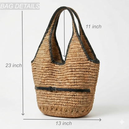 YXILEE Straw Bags For Women M Travel Straw Totes Bag Woven Summer Handmade Shoulder Bag Handbag (Black)
