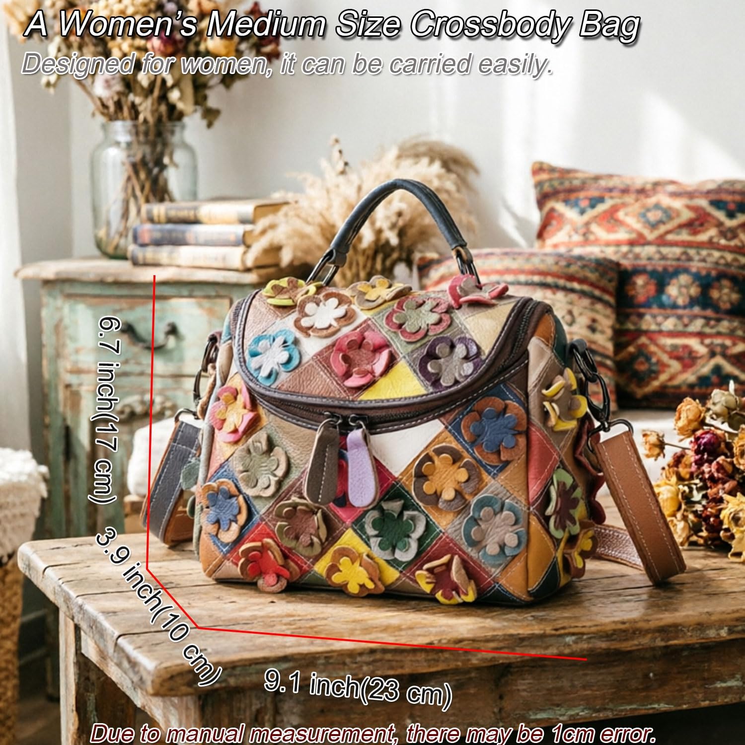 Bohemian Floral Patchwork Crossbody Bag for Women – Medium Size Vintage Genuine Leather Shoulder Bag, Multi-Pocket Organizer Handbag with Top Handle - Random Color