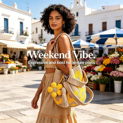 Handmade Crochet Flower Tote Bag, Knit Floral Purse, Boho Beach Handbag Crossbody Shoulder Bag Women, Flowers Tassel