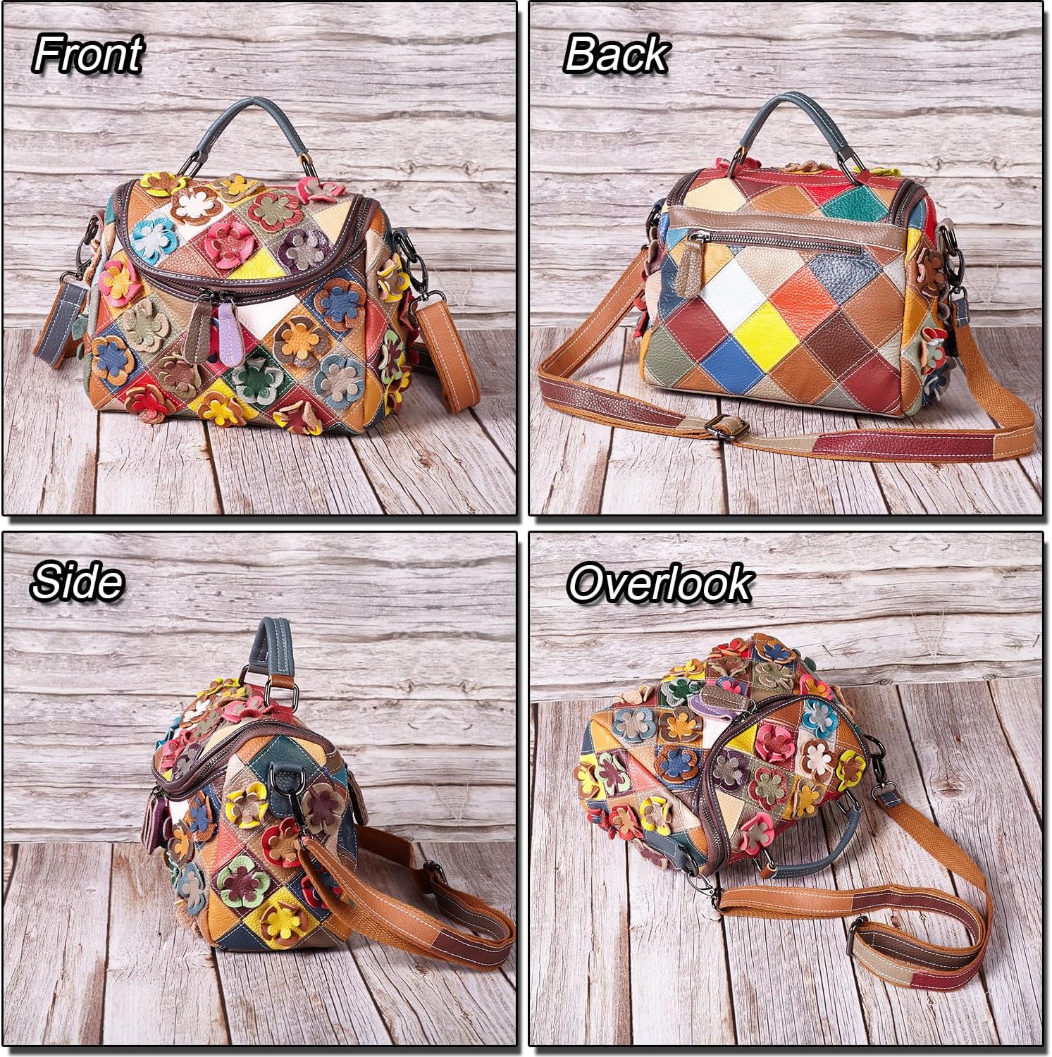 Bohemian Floral Patchwork Crossbody Bag for Women – Medium Size Vintage Genuine Leather Shoulder Bag, Multi-Pocket Organizer Handbag with Top Handle - Random Color
