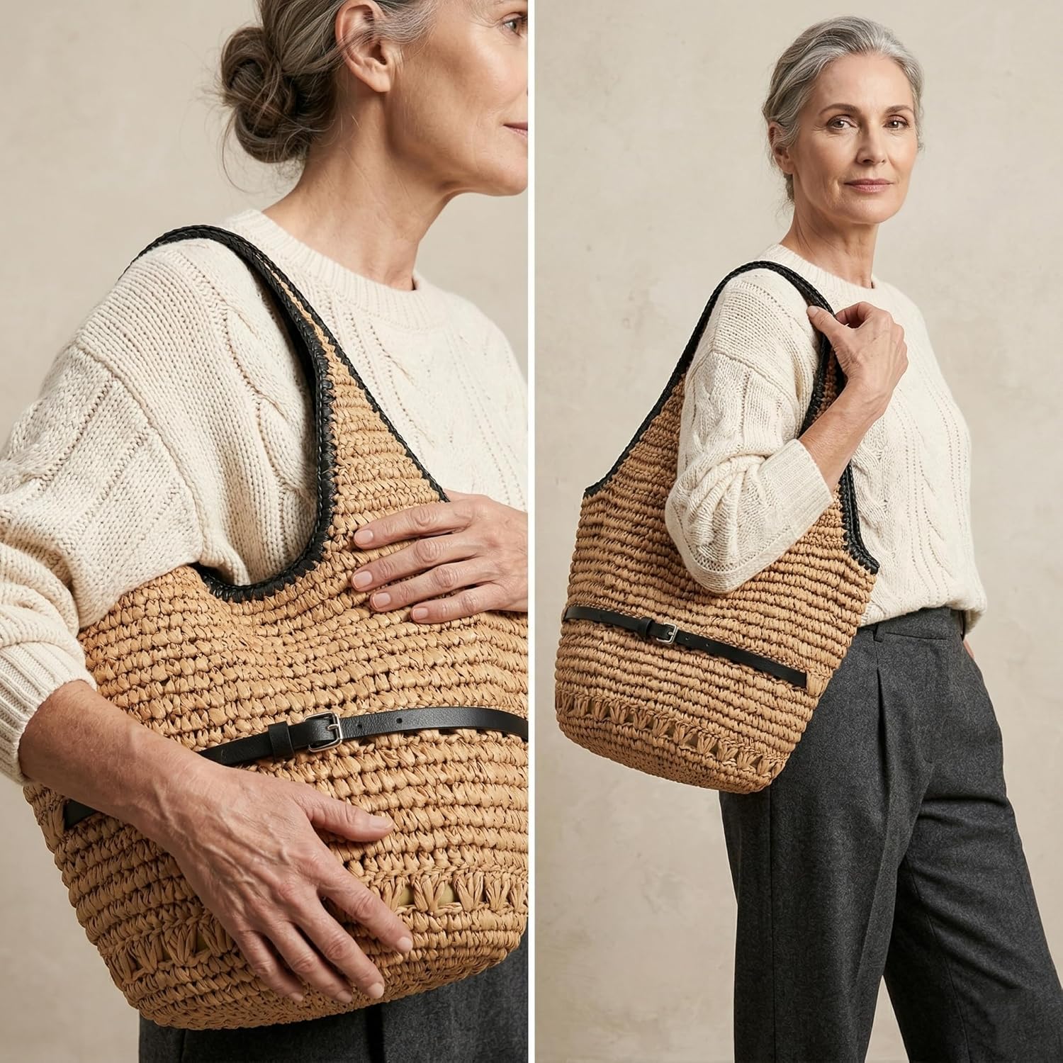 YXILEE Straw Bags For Women M Travel Straw Totes Bag Woven Summer Handmade Shoulder Bag Handbag (Black)
